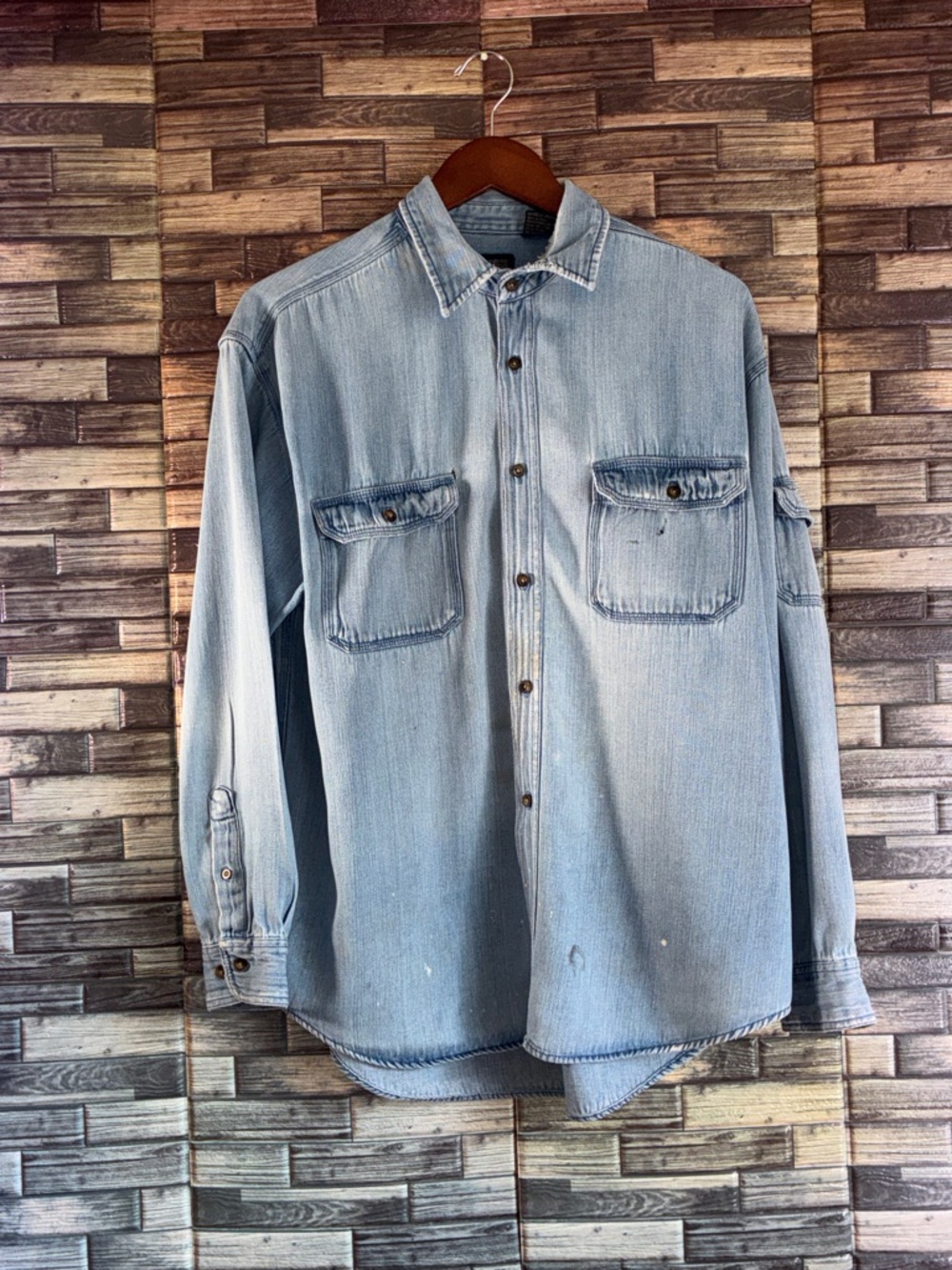 Vintage Mens Large Faded Glory Light Blue Distressed Denim Shirt